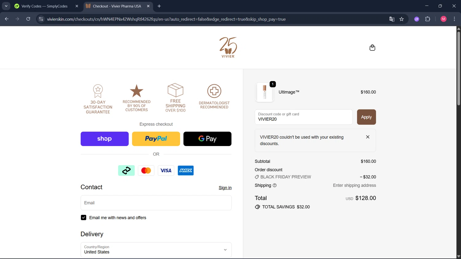 Vivier Skin discount code screenshot showing code VIVIER20 applied at Vivier Skin checkout page. Uploaded by SimplyCodes community member ValueCollector4159 on Oct 17, 2025