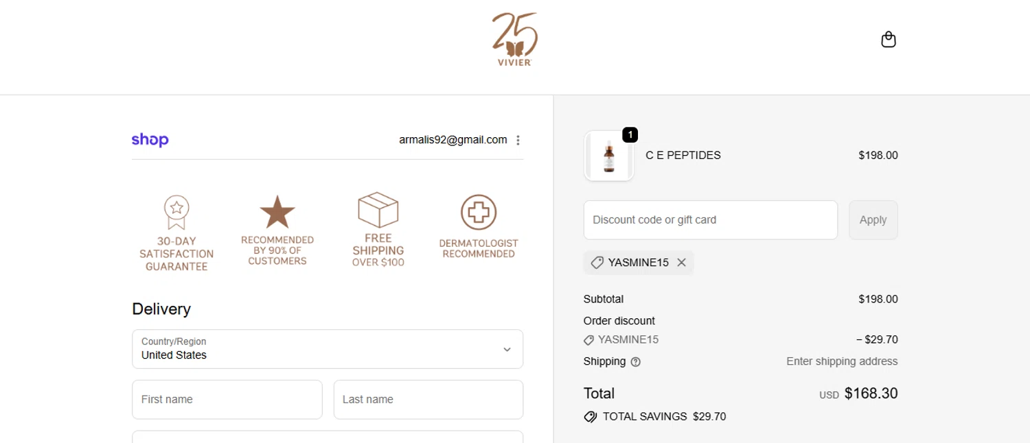Vivier Skin discount code screenshot showing code YASMINE15 applied at Vivier Skin checkout page. Uploaded by SimplyCodes community member armalissolorzano1 on Jan 27, 2026