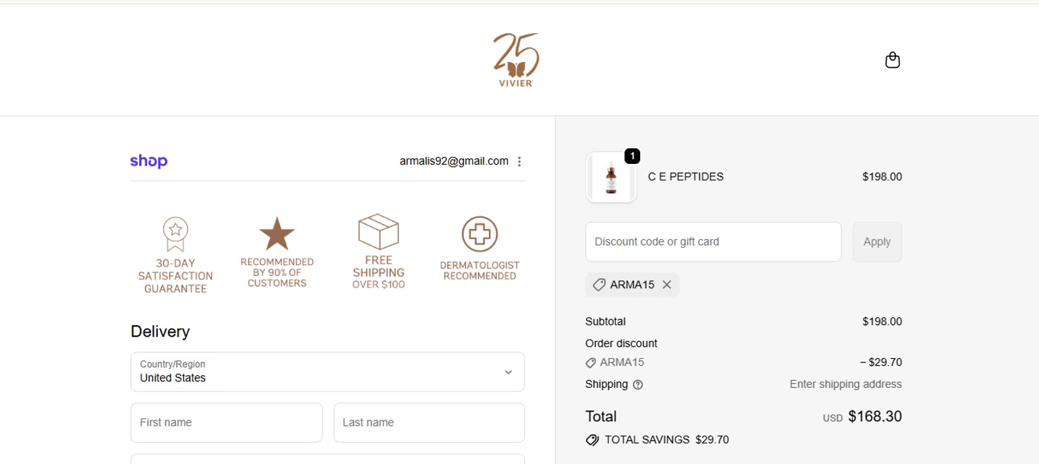 Vivier Skin discount code screenshot showing code ARMA15 applied at Vivier Skin checkout page. Uploaded by SimplyCodes community member armalissolorzano1 on Jan 27, 2026