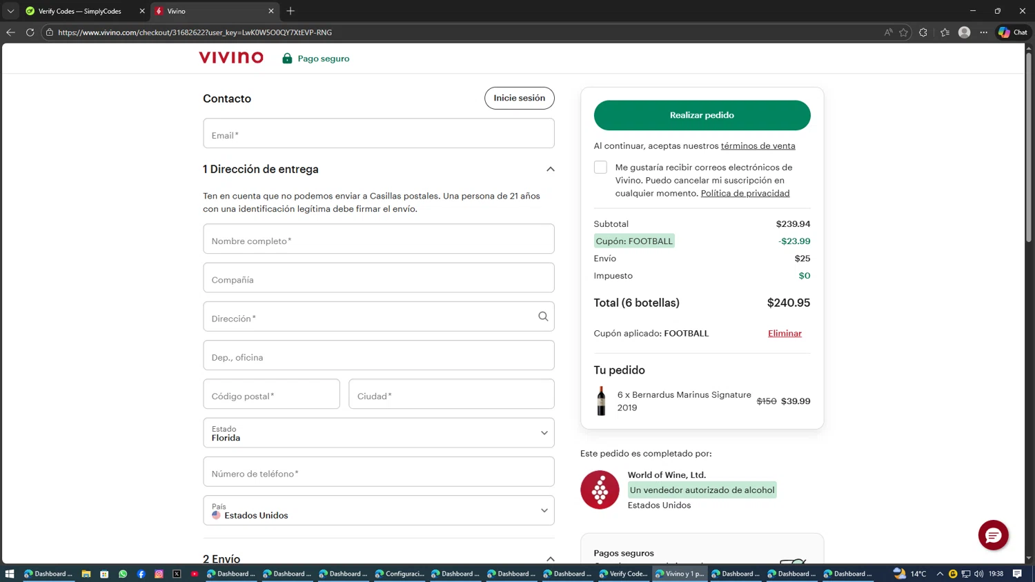 Vivino promo code screenshot showing code FOOTBALL applied at Vivino checkout page. Uploaded by SimplyCodes community member AVATIGRITO on Jan 31, 2026