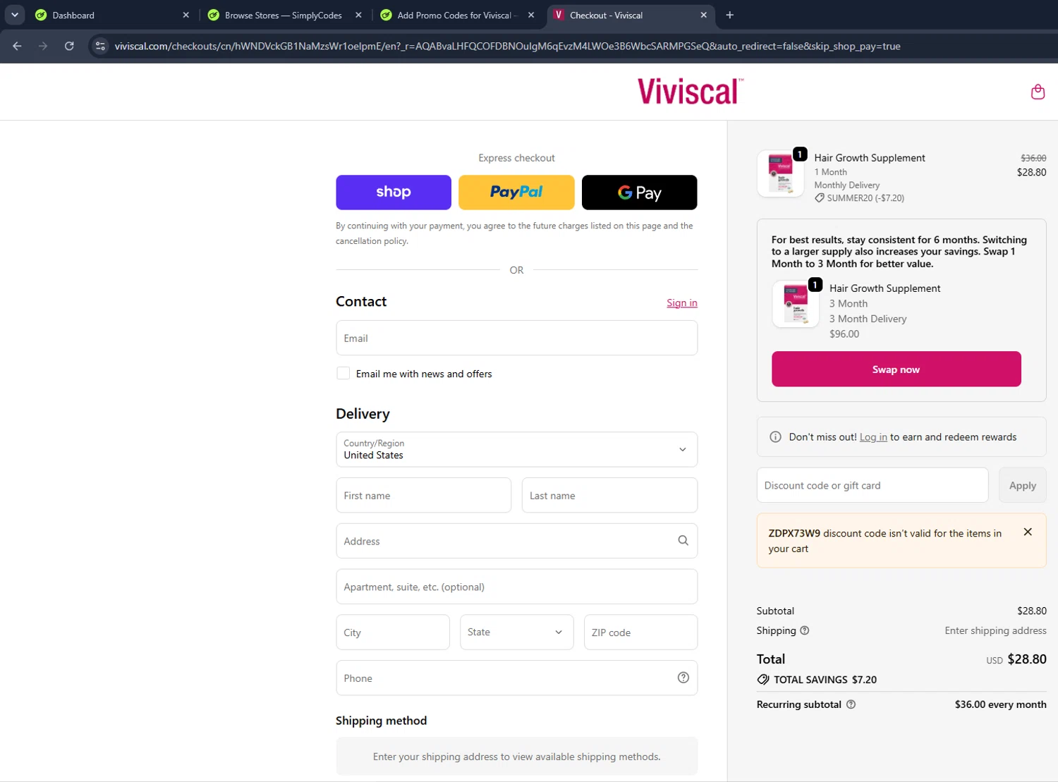 Viviscal promo code screenshot showing code ZDPX73W9 applied at Viviscal checkout page. Uploaded by SimplyCodes community member VictoriousCaptain3902 on Jun 19, 2026