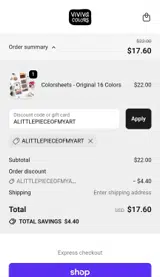 ALITTLEPIECEOFMYART coupon verification screenshot