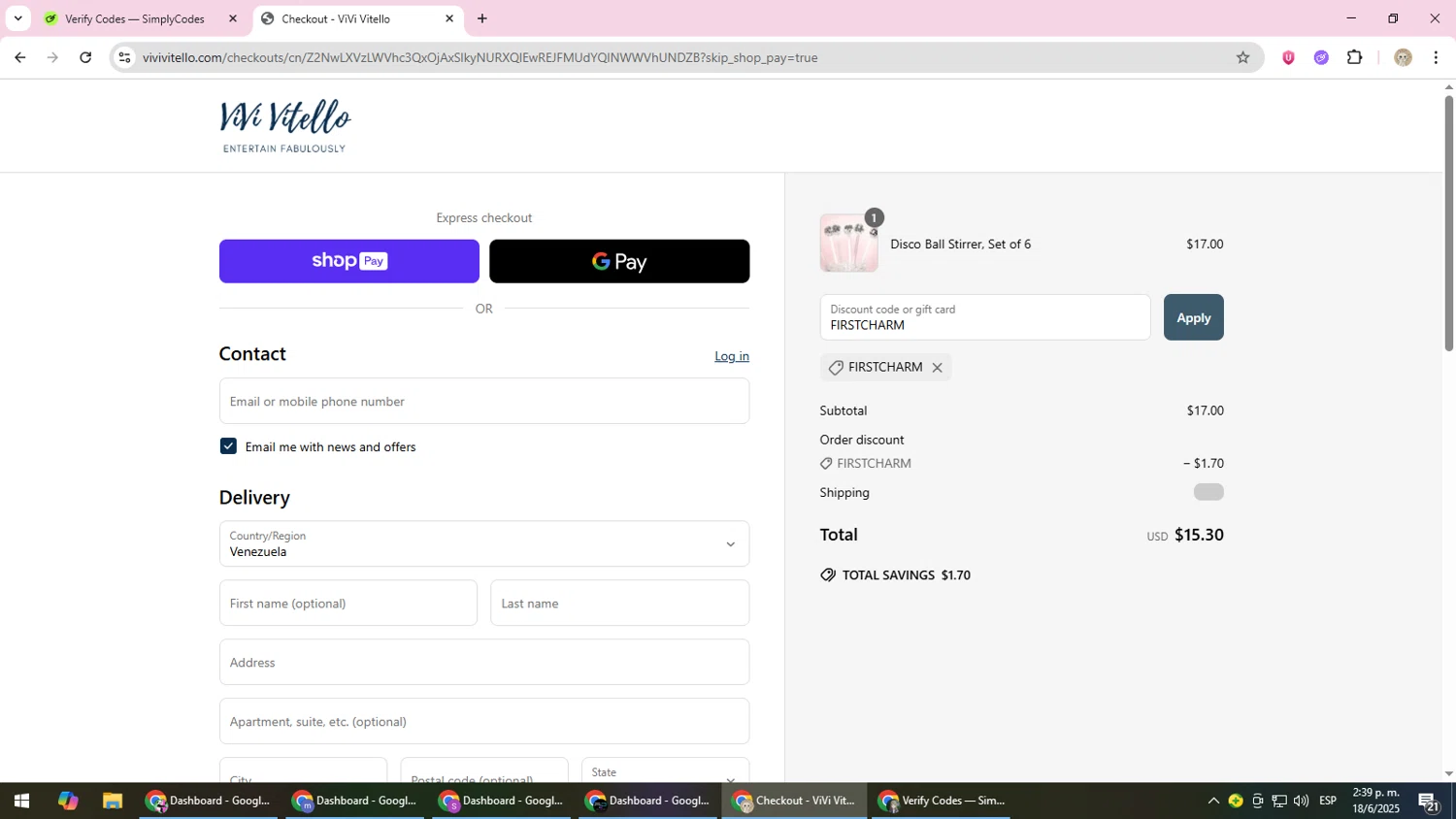 ViVi Vitello promo code screenshot showing code FIRSTCHARM applied at ViVi Vitello checkout page. Uploaded by SimplyCodes community member NobleScholar4826 on Jun 18, 2025