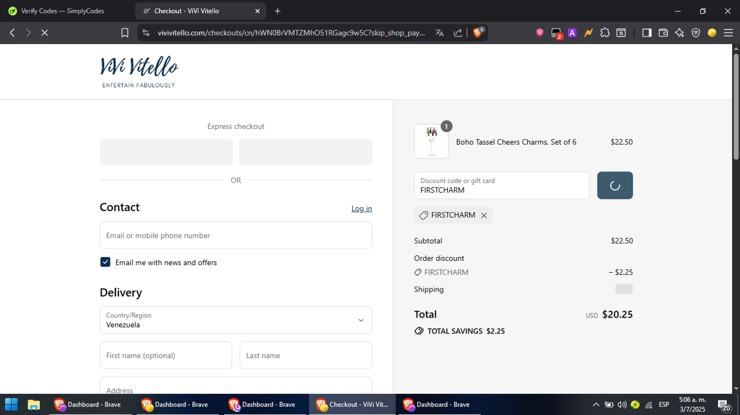 ViVi Vitello promo code screenshot showing code FIRSTCHARM applied at ViVi Vitello checkout page. Uploaded by SimplyCodes community member PromoScout8746 on Jul 3, 2025