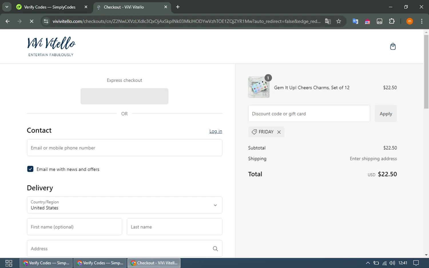 ViVi Vitello promo code screenshot showing code FRIDAY applied at ViVi Vitello checkout page. Uploaded by SimplyCodes community member EpicTracker8800 on Jan 26, 2025