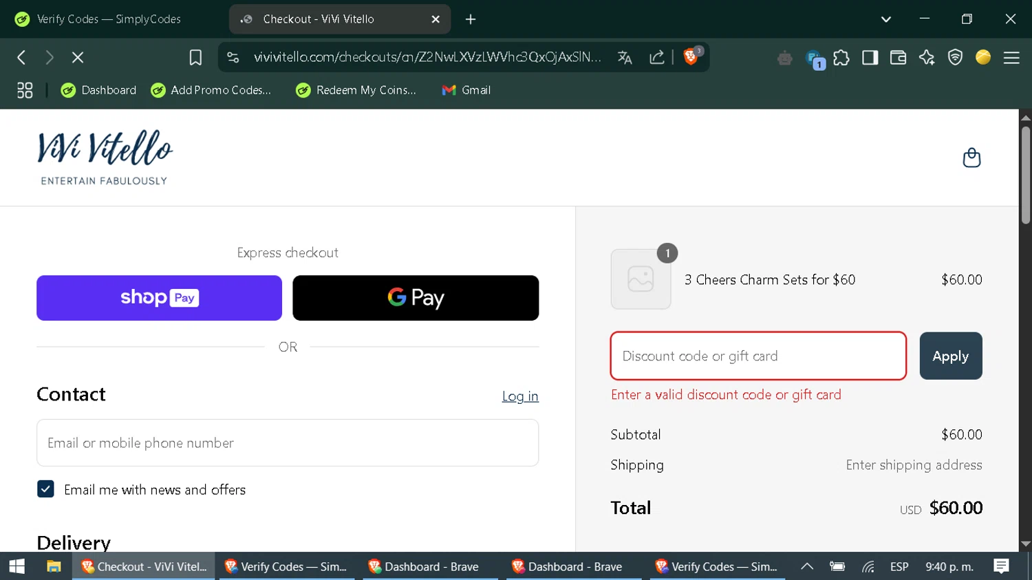 ViVi Vitello promo code screenshot showing code SPRINGFLING applied at ViVi Vitello checkout page. Uploaded by SimplyCodes community member SaleOwl2150 on Apr 28, 2025