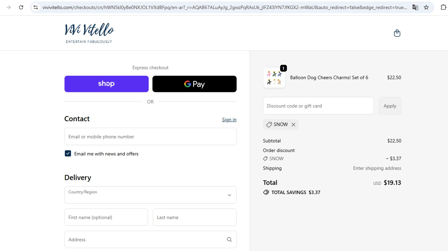 ViVi Vitello promo code screenshot showing code snow applied at ViVi Vitello checkout page. Uploaded by SimplyCodes community member BB9542251456527 on Nov 26, 2025