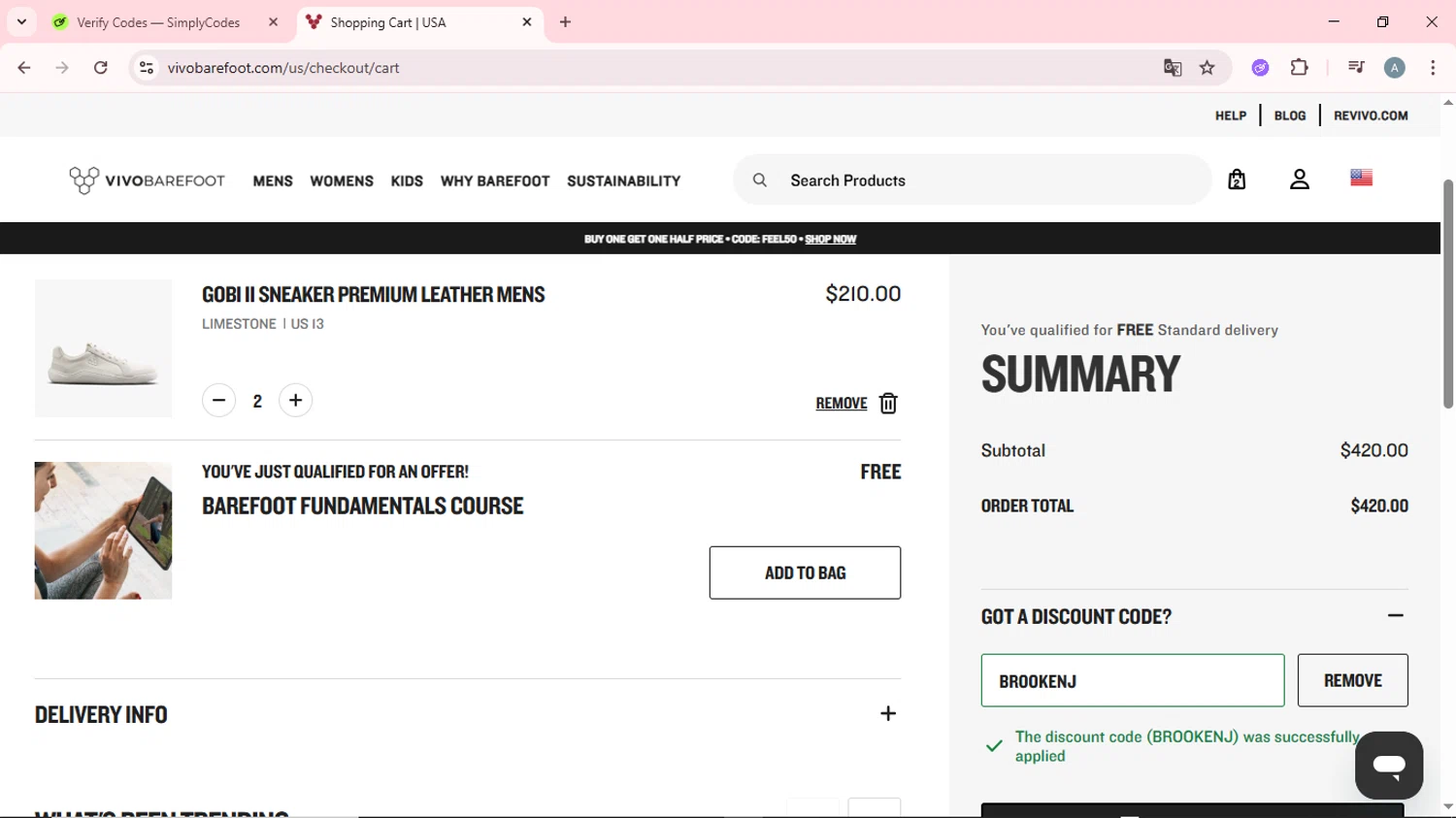 Vivobarefoot UK checkout page showing Vivobarefoot UK discount code box | Screenshot taken by SimplyCodes community member on Nov 13, 2025