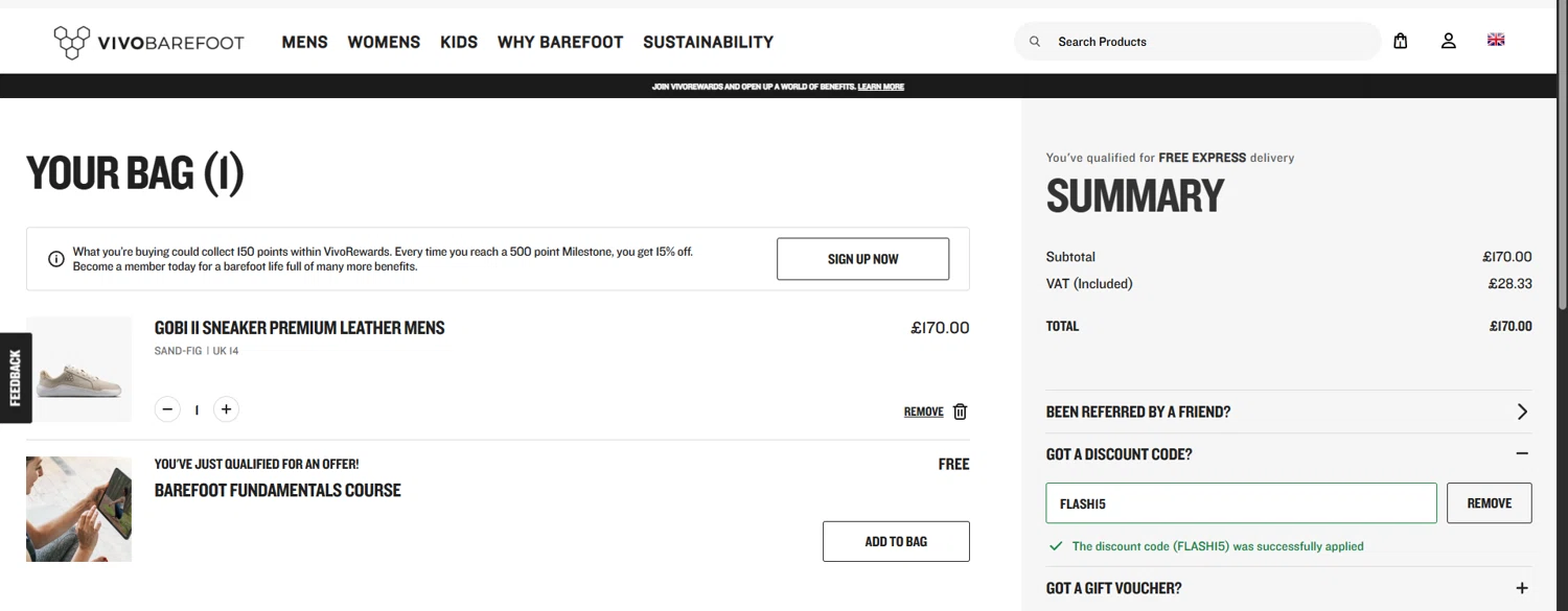 Vivobarefoot UK checkout page showing Vivobarefoot UK discount code box | Screenshot taken by SimplyCodes community member on Feb 14, 2026
