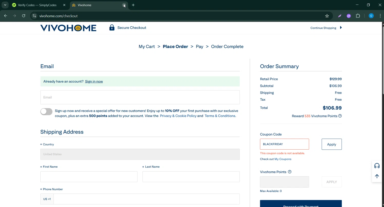 VIVOHOME coupon code screenshot showing code BLACKFRIDAY applied at VIVOHOME checkout page. Uploaded by SimplyCodes community member CodeScholar4340 on Nov 20, 2025
