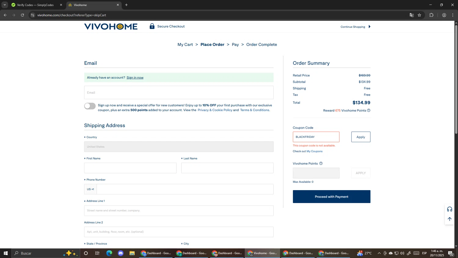 VIVOHOME coupon code screenshot showing code BLACKFRIDAY applied at VIVOHOME checkout page. Uploaded by SimplyCodes community member Pirlo420 on Nov 20, 2025