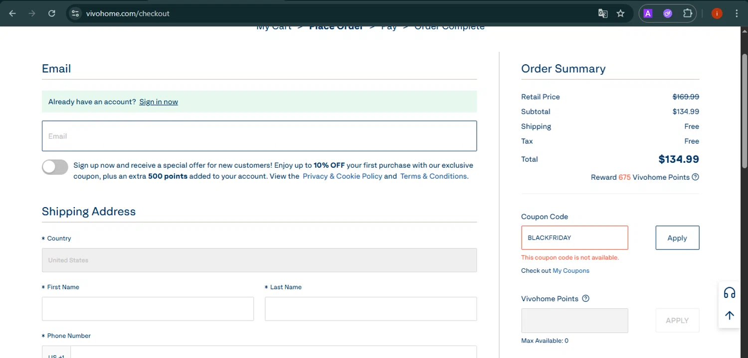 VIVOHOME coupon code screenshot showing code BLACKFRIDAY applied at VIVOHOME checkout page. Uploaded by SimplyCodes community member SmartMaestro6853 on Nov 20, 2025