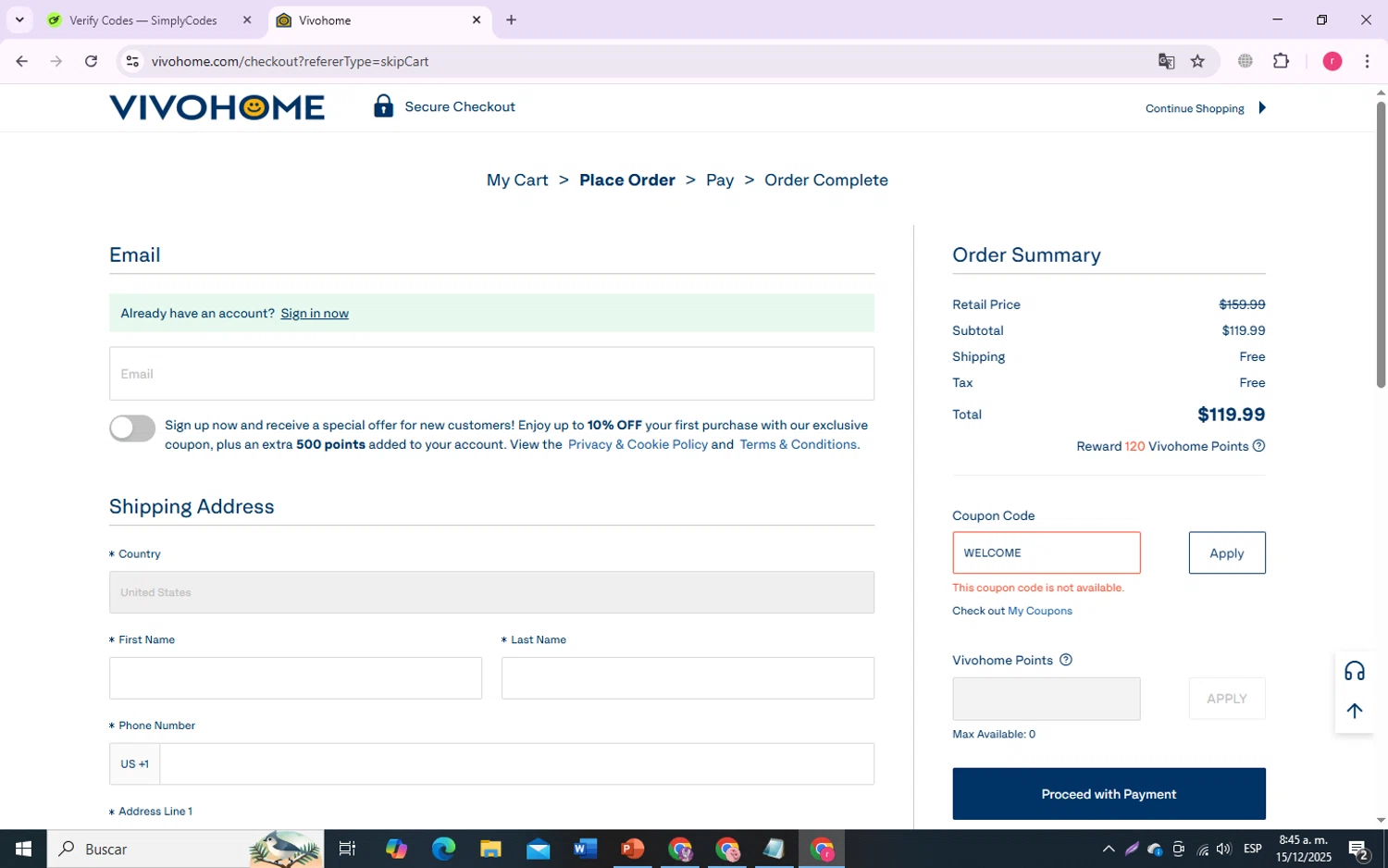 VIVOHOME coupon code screenshot showing code WELCOME applied at VIVOHOME checkout page. Uploaded by SimplyCodes community member Ronny50 on Dec 15, 2025
