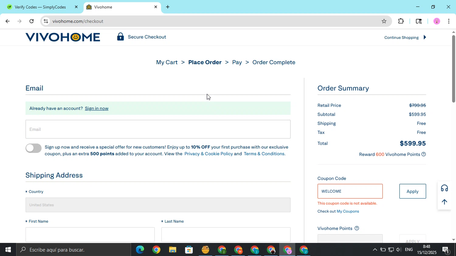 VIVOHOME coupon code screenshot showing code WELCOME applied at VIVOHOME checkout page. Uploaded by SimplyCodes community member cristianojesus on Dec 15, 2025