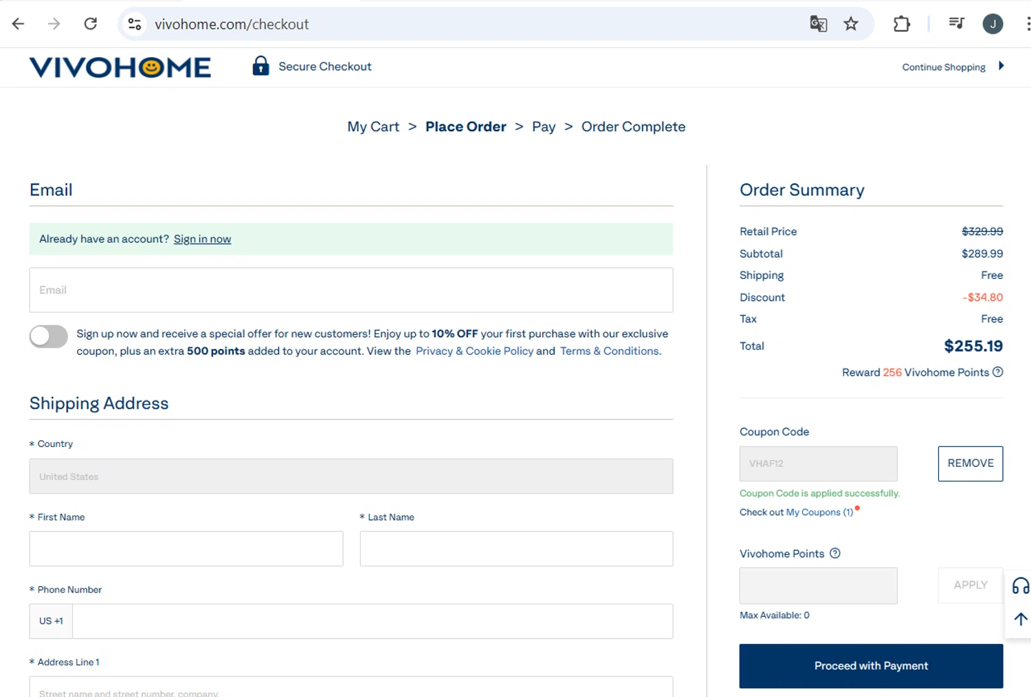 VIVOHOME coupon code screenshot showing code VHAF12 applied at VIVOHOME checkout page. Uploaded by SimplyCodes community member BB9542251456527 on Jul 20, 2025