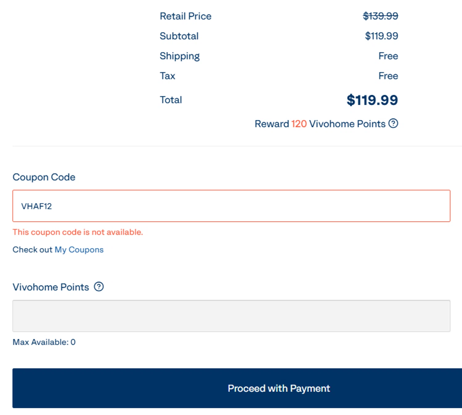 VIVOHOME coupon code screenshot showing code VHAF12 applied at VIVOHOME checkout page. Uploaded by SimplyCodes community member TULA515 on Sep 1, 2025