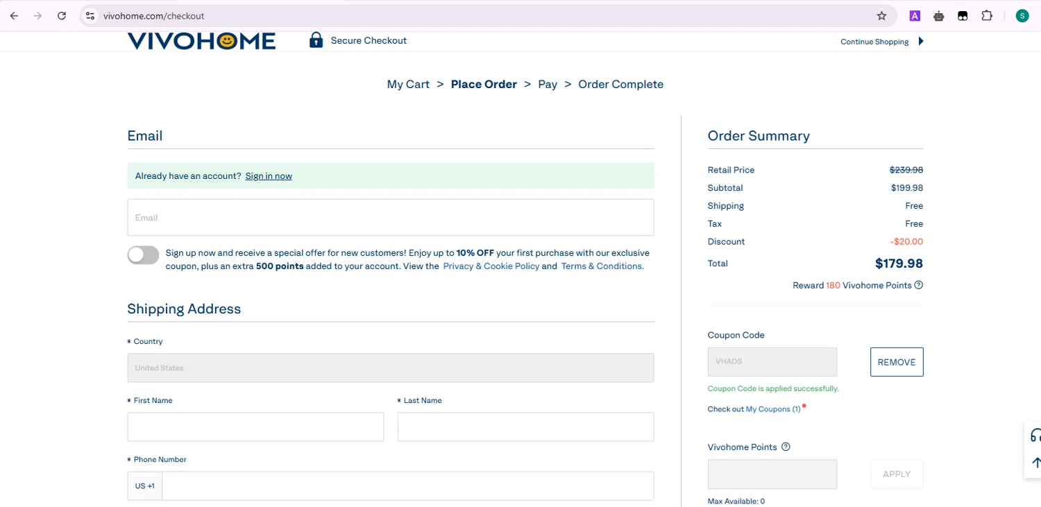VIVOHOME coupon code screenshot showing code VHADS applied at VIVOHOME checkout page. Uploaded by SimplyCodes community member Samu10 on Apr 29, 2025
