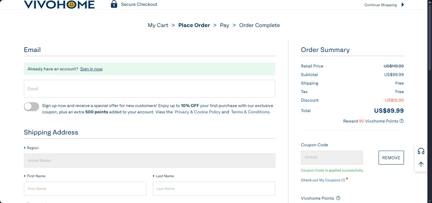 VIVOHOME coupon code screenshot showing code VHADS applied at VIVOHOME checkout page. Uploaded by SimplyCodes community member Santi_ago on Feb 3, 2025