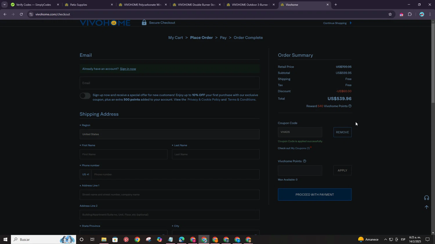 VIVOHOME coupon code screenshot showing code VHADS applied at VIVOHOME checkout page. Uploaded by SimplyCodes community member ShrewdPro8995 on Feb 14, 2025