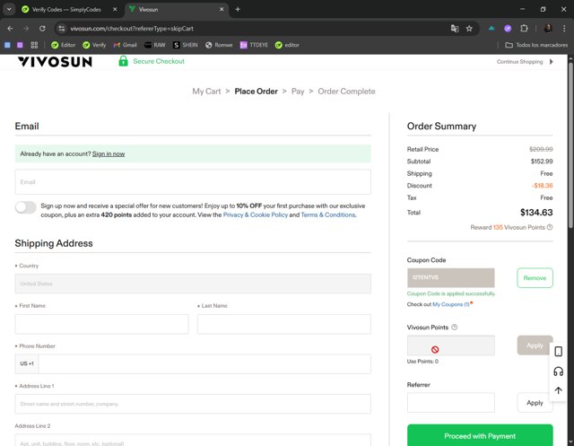 Vivosun checkout page showing Vivosun coupon code box | Screenshot taken by SimplyCodes community member on Aug 26, 2025