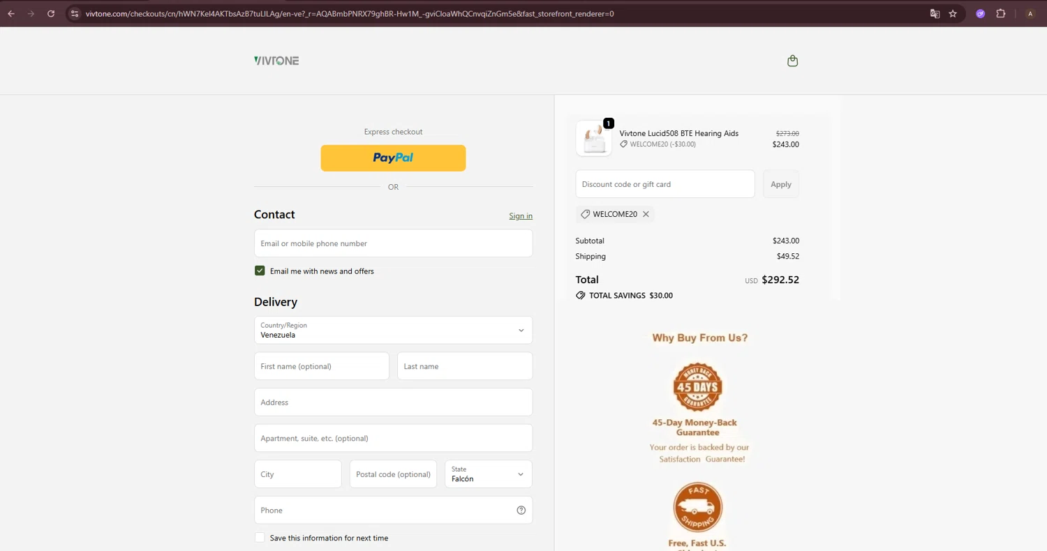 Vivtone Hearing checkout page showing Vivtone Hearing promo code box | Screenshot taken by SimplyCodes community member on Jan 7, 2026