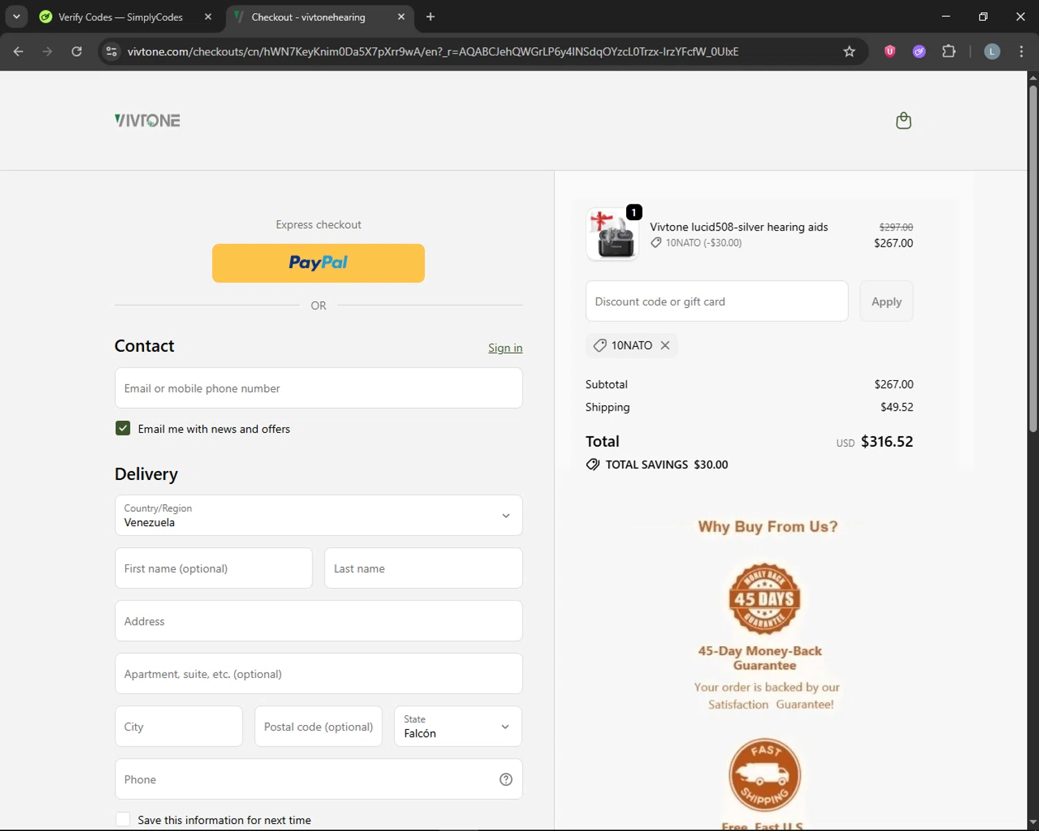 Vivtone Hearing checkout page showing Vivtone Hearing promo code box | Screenshot taken by SimplyCodes community member on Jan 7, 2026