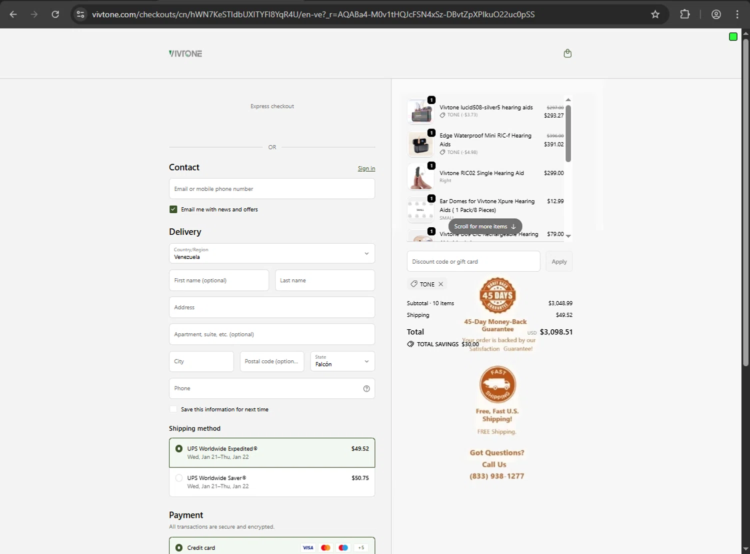 Vivtone Hearing checkout page showing Vivtone Hearing promo code box | Screenshot taken by SimplyCodes community member on Jan 7, 2026