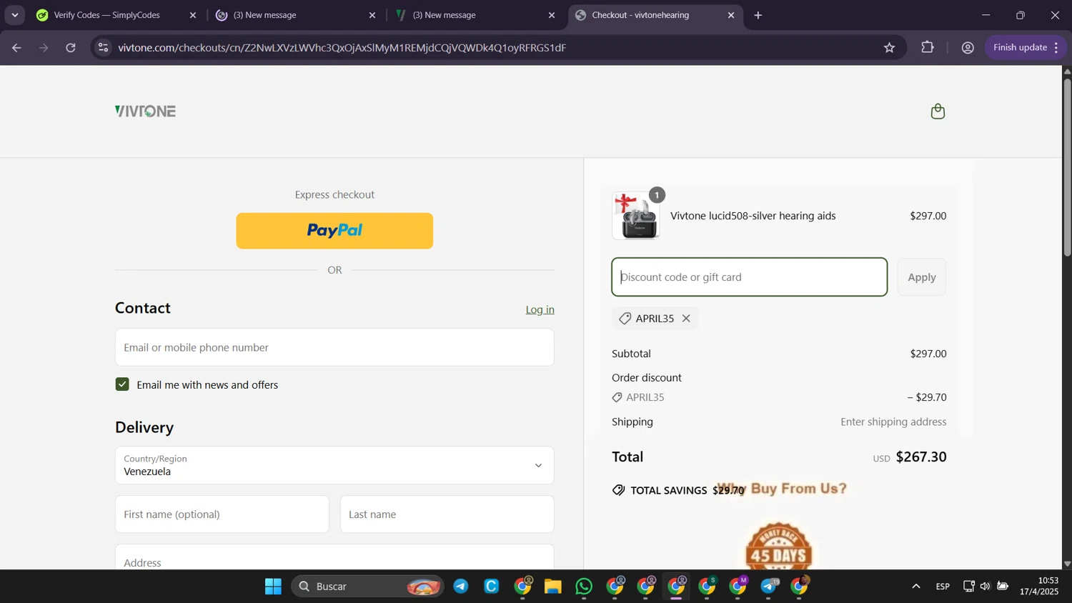 Vivtone Hearing promo code screenshot showing code APRIL35 applied at Vivtone Hearing checkout page. Uploaded by SimplyCodes community member Puppet on Apr 17, 2025