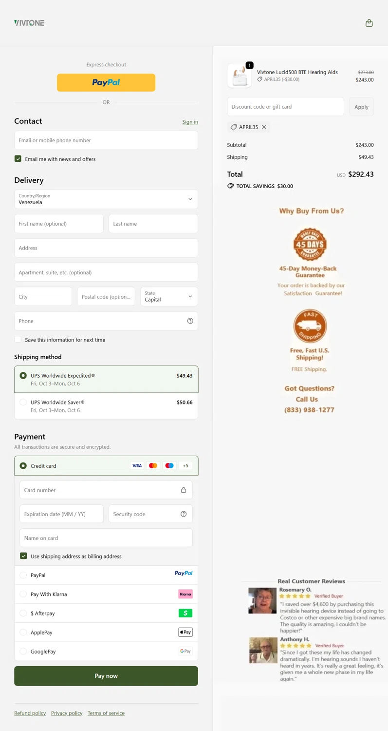 Vivtone Hearing promo code screenshot showing code APRIL35 applied at Vivtone Hearing checkout page. Uploaded by SimplyCodes community member Rossimar on Sep 20, 2025