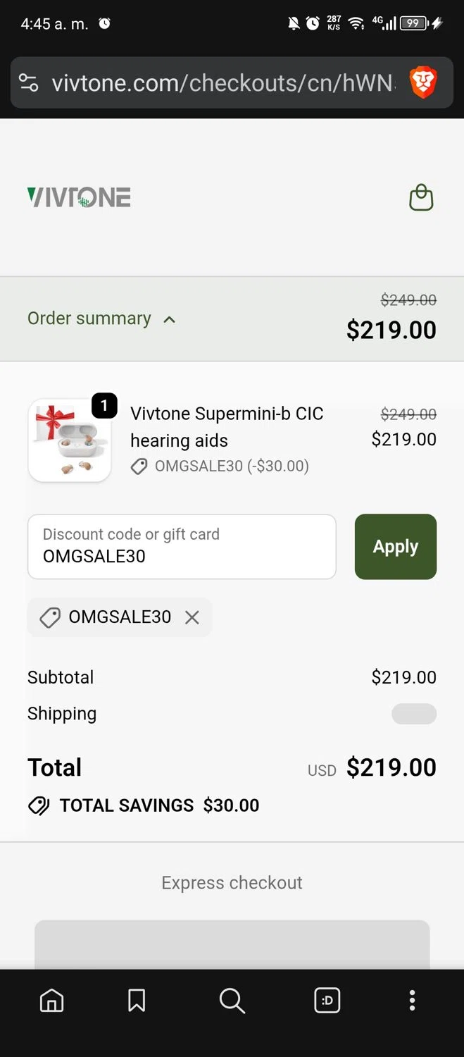 Vivtone Hearing promo code screenshot showing code OMGSALE30 applied at Vivtone Hearing checkout page. Uploaded by SimplyCodes community member MrWolf on Nov 19, 2025