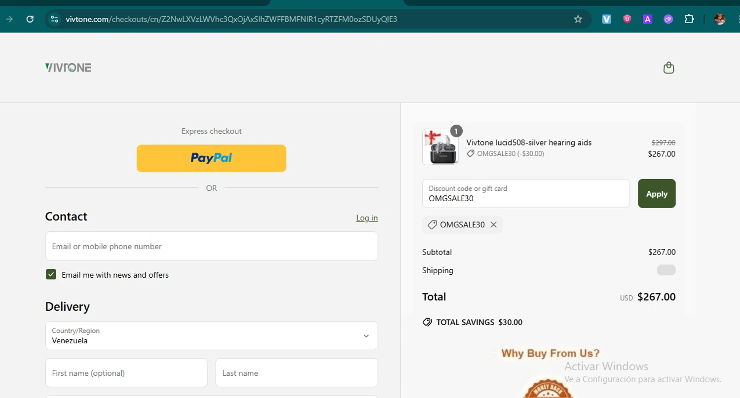 Vivtone Hearing promo code screenshot showing code OMGSALE30 applied at Vivtone Hearing checkout page. Uploaded by SimplyCodes community member samuelgomez2 on Jun 17, 2025