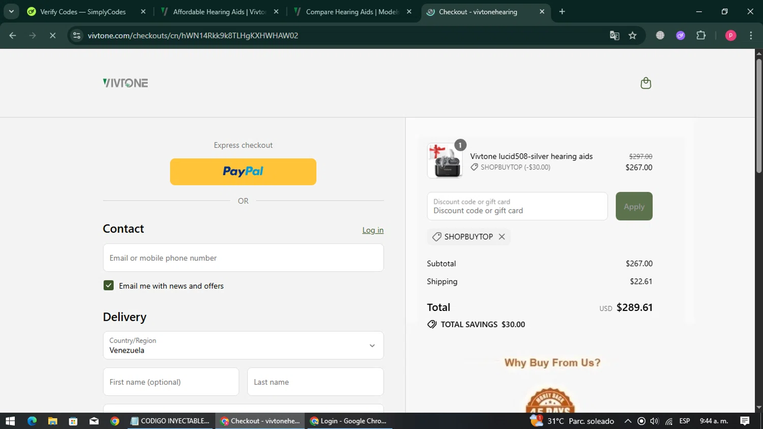 Vivtone Hearing promo code screenshot showing code SHOPBUYTOP applied at Vivtone Hearing checkout page. Uploaded by SimplyCodes community member ExtraordinaryBoss3426 on Jul 26, 2025