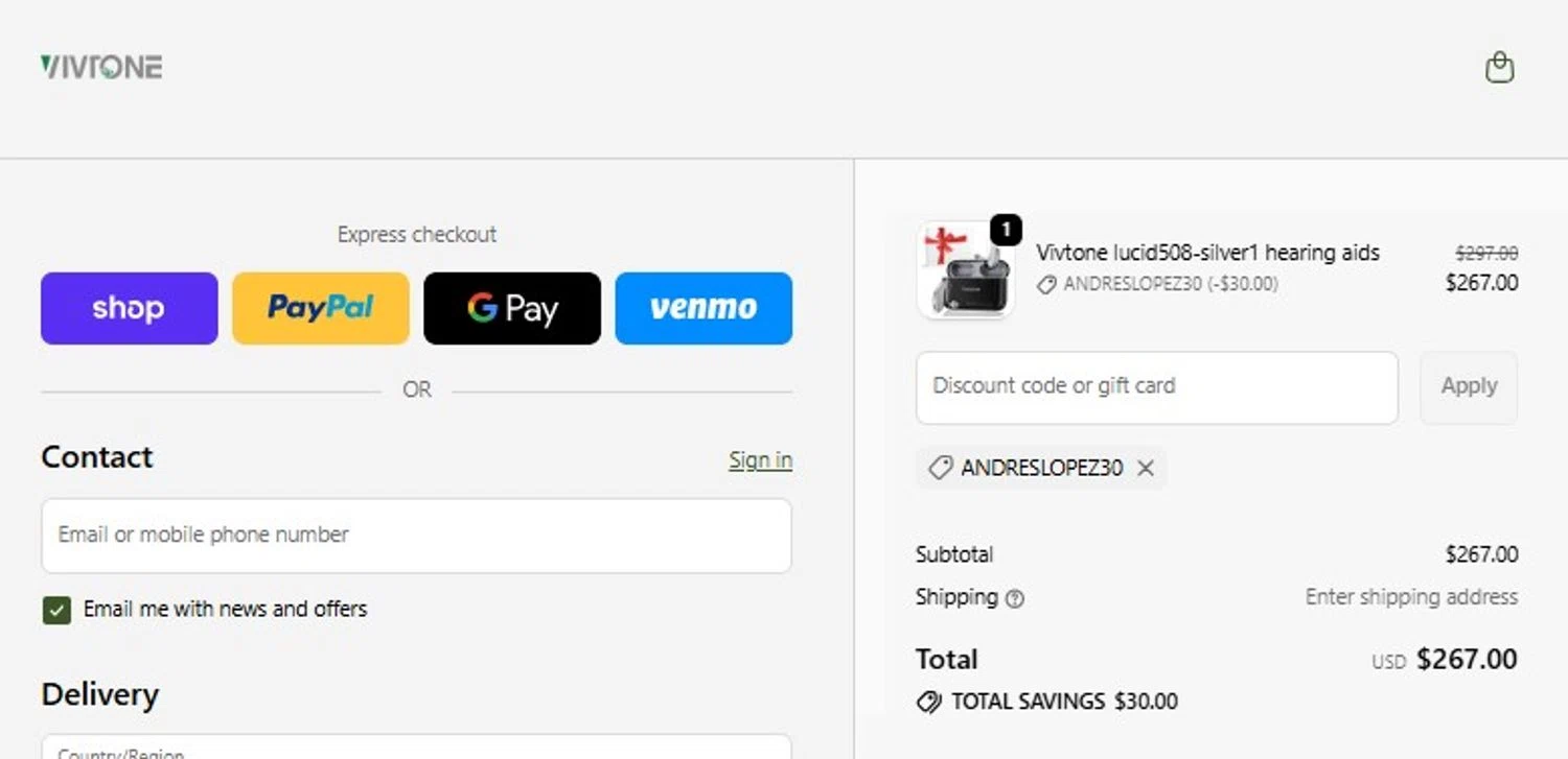 Vivtone Hearing promo code screenshot showing code ANDRESLOPEZ30 applied at Vivtone Hearing checkout page. Uploaded by SimplyCodes community member mandrakke on Jun 12, 2026