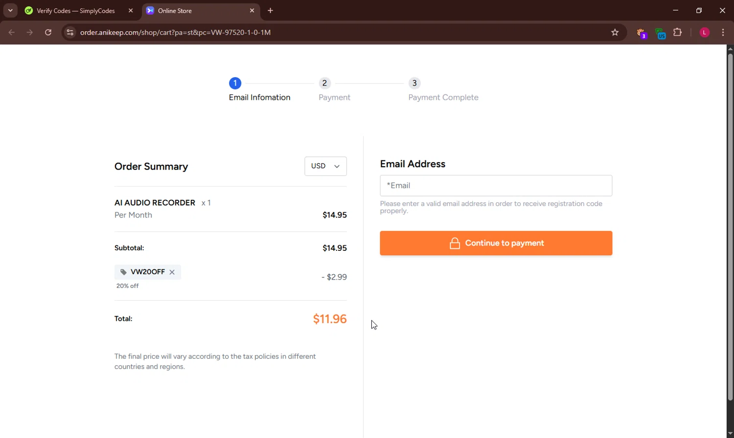 ViWizard coupon code screenshot showing code VW20OFF applied at ViWizard checkout page. Uploaded by SimplyCodes community member LlonardoLotes on Apr 8, 2025