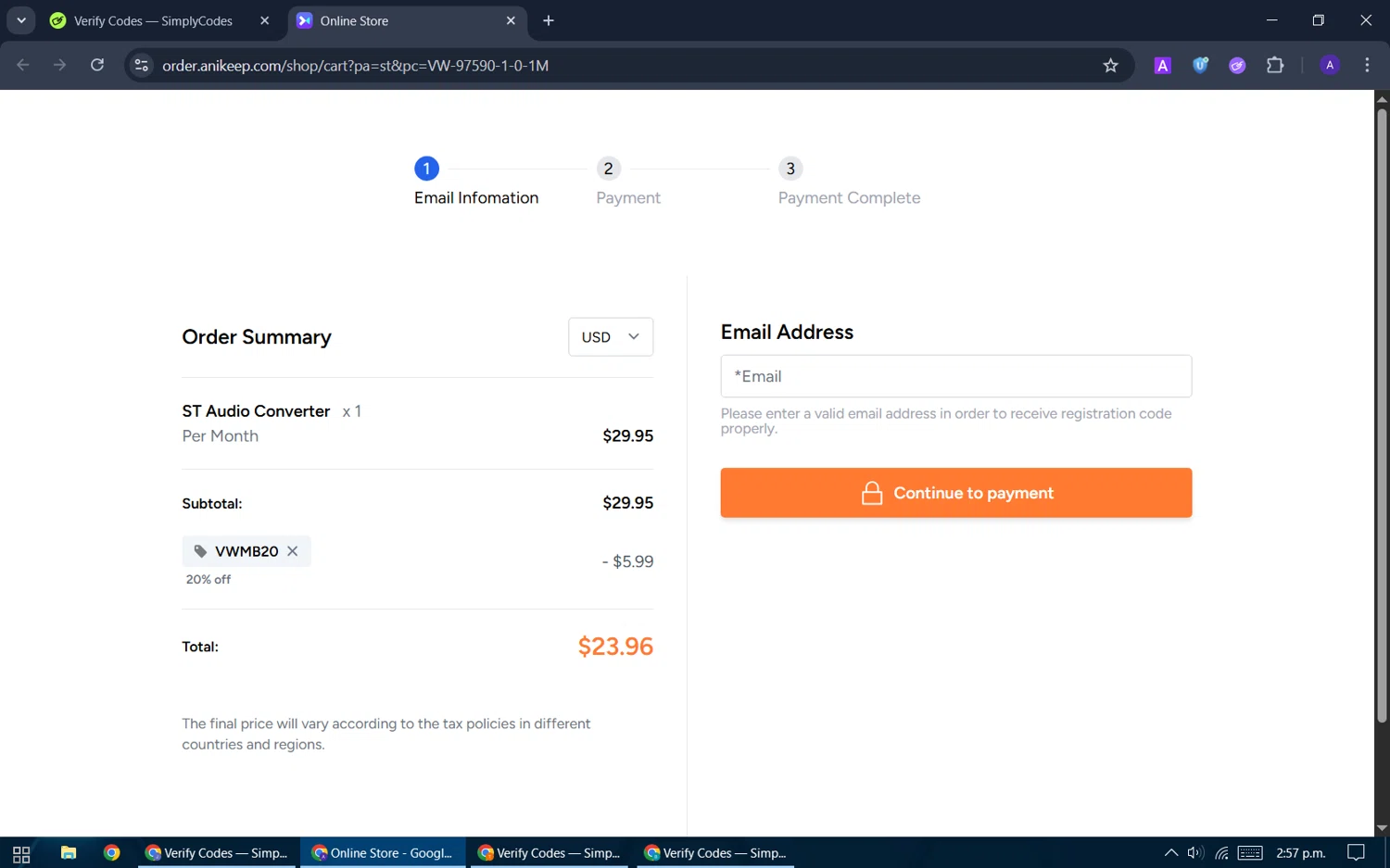 ViWizard coupon code screenshot showing code VWMB20 applied at ViWizard checkout page. Uploaded by SimplyCodes community member ThriftySentinel2853 on Sep 28, 2025