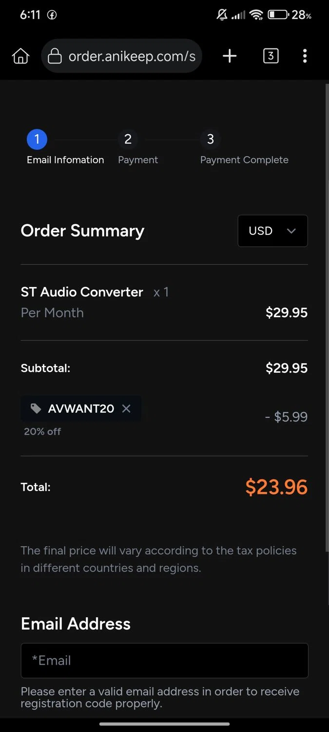 ViWizard coupon code screenshot showing code AVWANT20 applied at ViWizard checkout page. Uploaded by SimplyCodes community member Diego_Soto on Sep 19, 2025