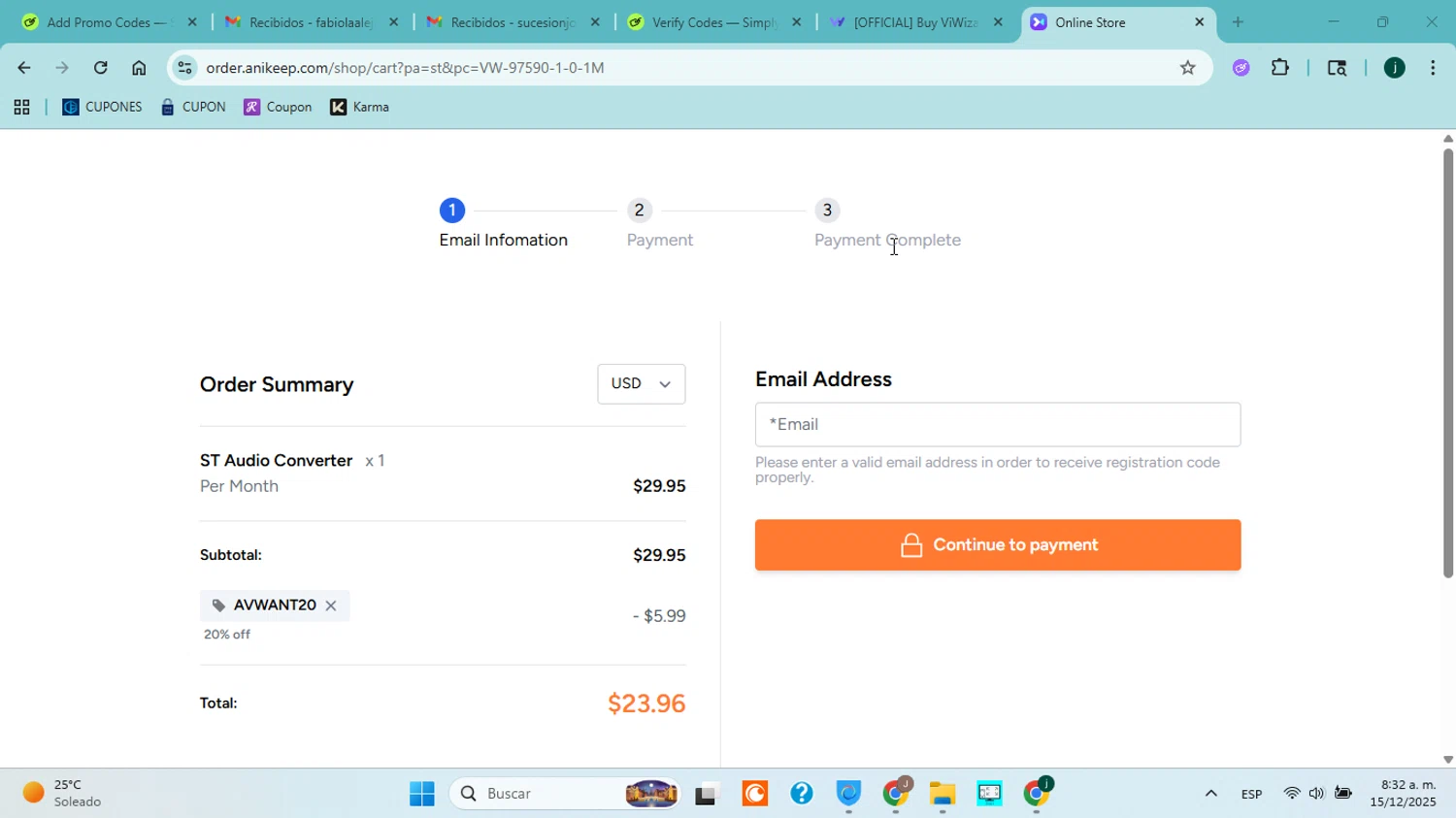 ViWizard coupon code screenshot showing code AVWANT20 applied at ViWizard checkout page. Uploaded by SimplyCodes community member jorgejavierherrera on Dec 15, 2025