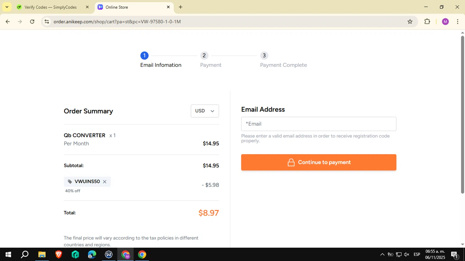 ViWizard coupon code screenshot showing code VWUINS50 applied at ViWizard checkout page. Uploaded by SimplyCodes community member NobleSeeker3177 on Nov 6, 2025