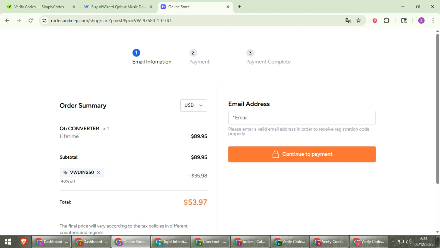 ViWizard coupon code screenshot showing code VWUINS50 applied at ViWizard checkout page. Uploaded by SimplyCodes community member ValiantFinder3275 on Dec 5, 2025
