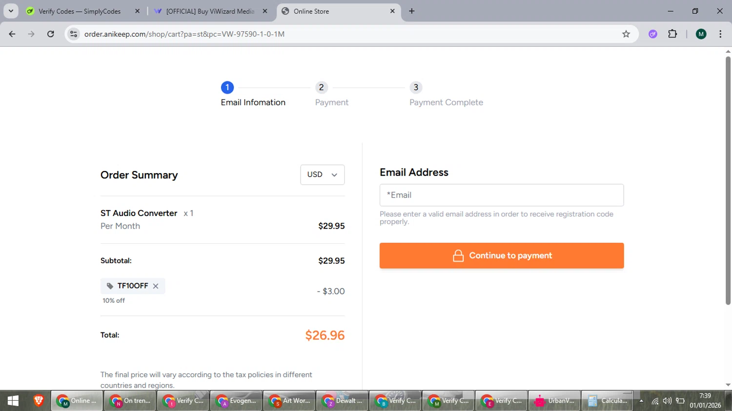 ViWizard checkout page showing ViWizard coupon code box | Screenshot taken by SimplyCodes community member on Jan 1, 2026