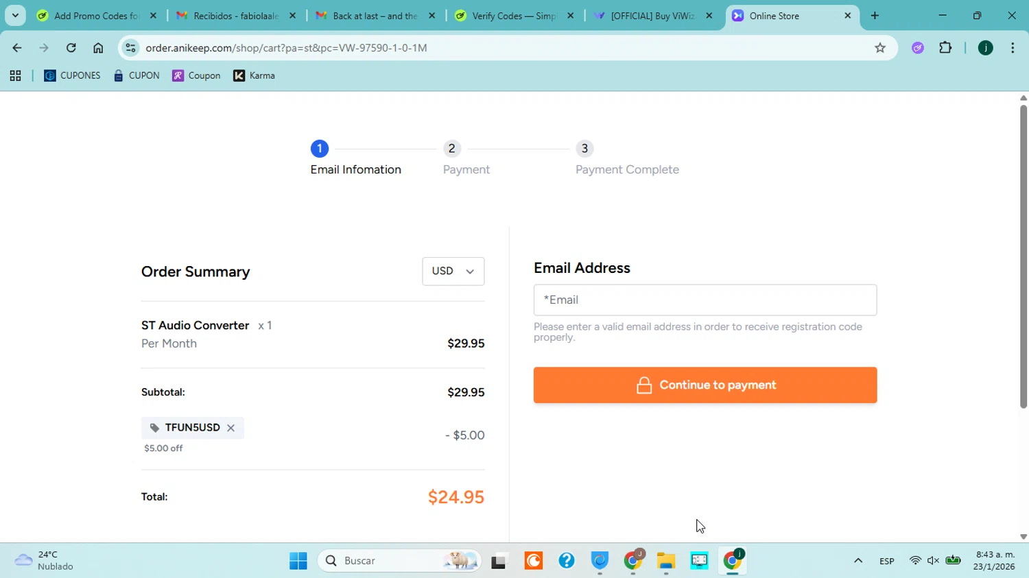 ViWizard checkout page showing ViWizard coupon code box | Screenshot taken by SimplyCodes community member on Jan 23, 2026
