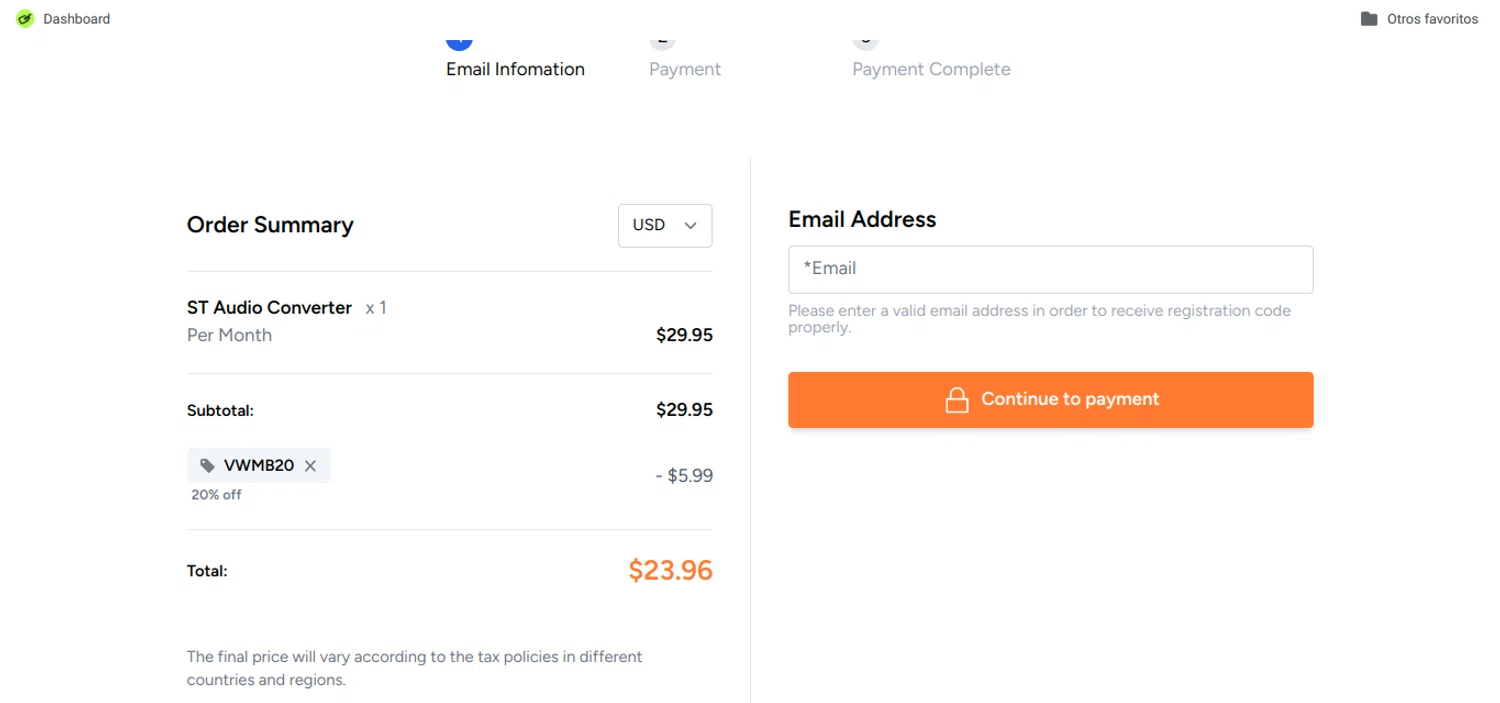 ViWizard coupon code screenshot showing code VWMB20 applied at ViWizard checkout page. Uploaded by SimplyCodes community member Speedy on Aug 1, 2025