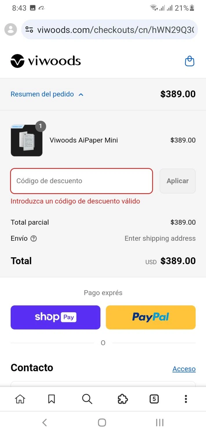 Viwoods discount code screenshot showing code WELCOME10 applied at Viwoods checkout page. Uploaded by SimplyCodes community member Menotii23 on Aug 24, 2025