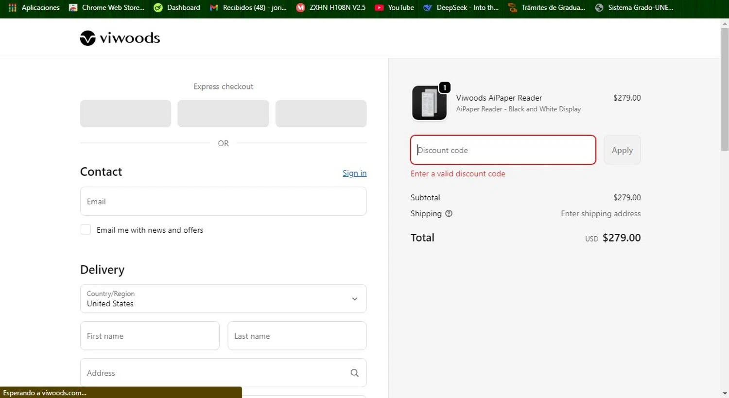 Viwoods discount code screenshot showing code FIRSTLAUNCH applied at Viwoods checkout page. Uploaded by SimplyCodes community member Patobel on Dec 12, 2025