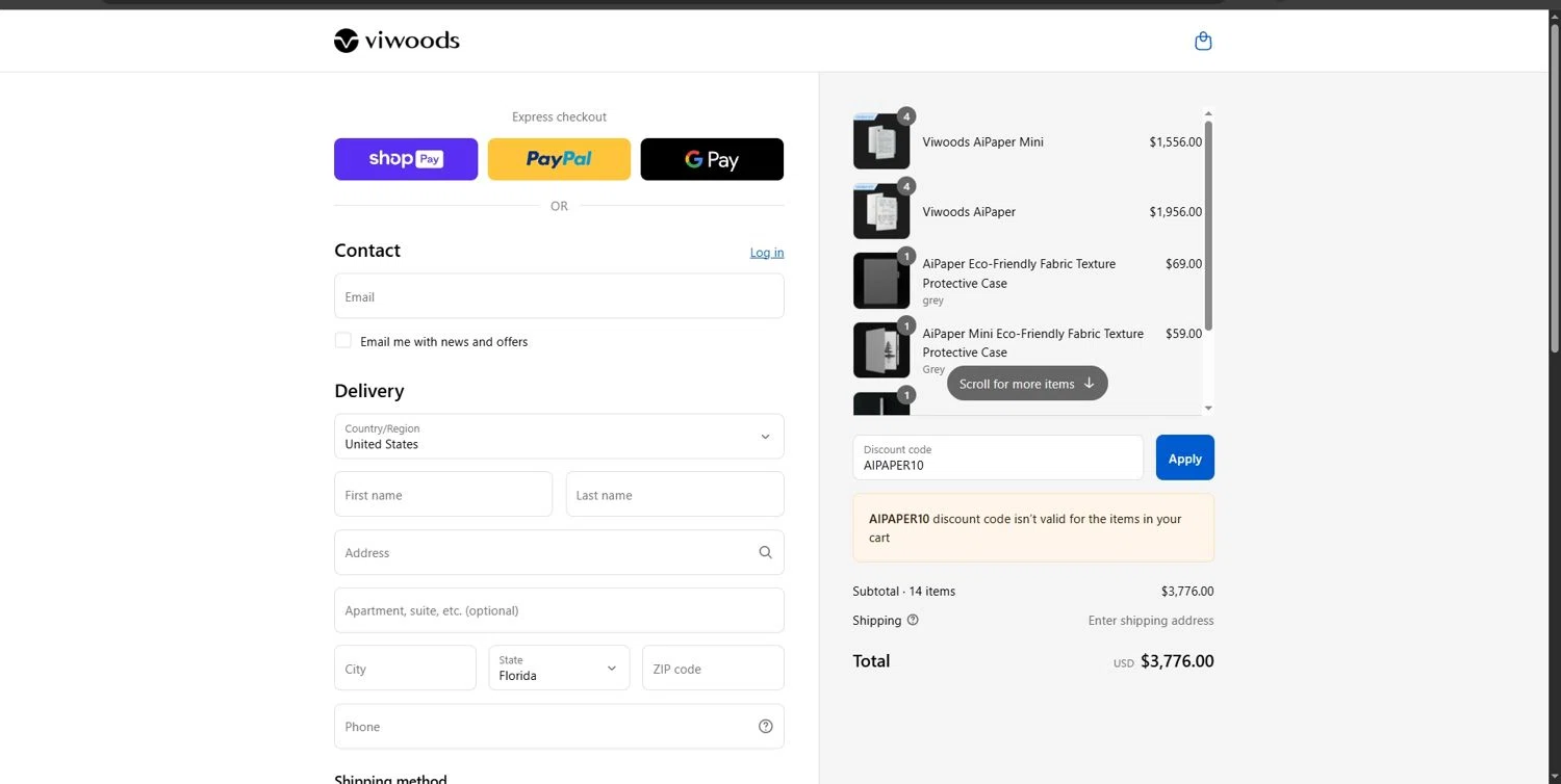 Viwoods discount code screenshot showing code AIPAPER10 applied at Viwoods checkout page. Uploaded by SimplyCodes community member Depressive on Aug 28, 2025