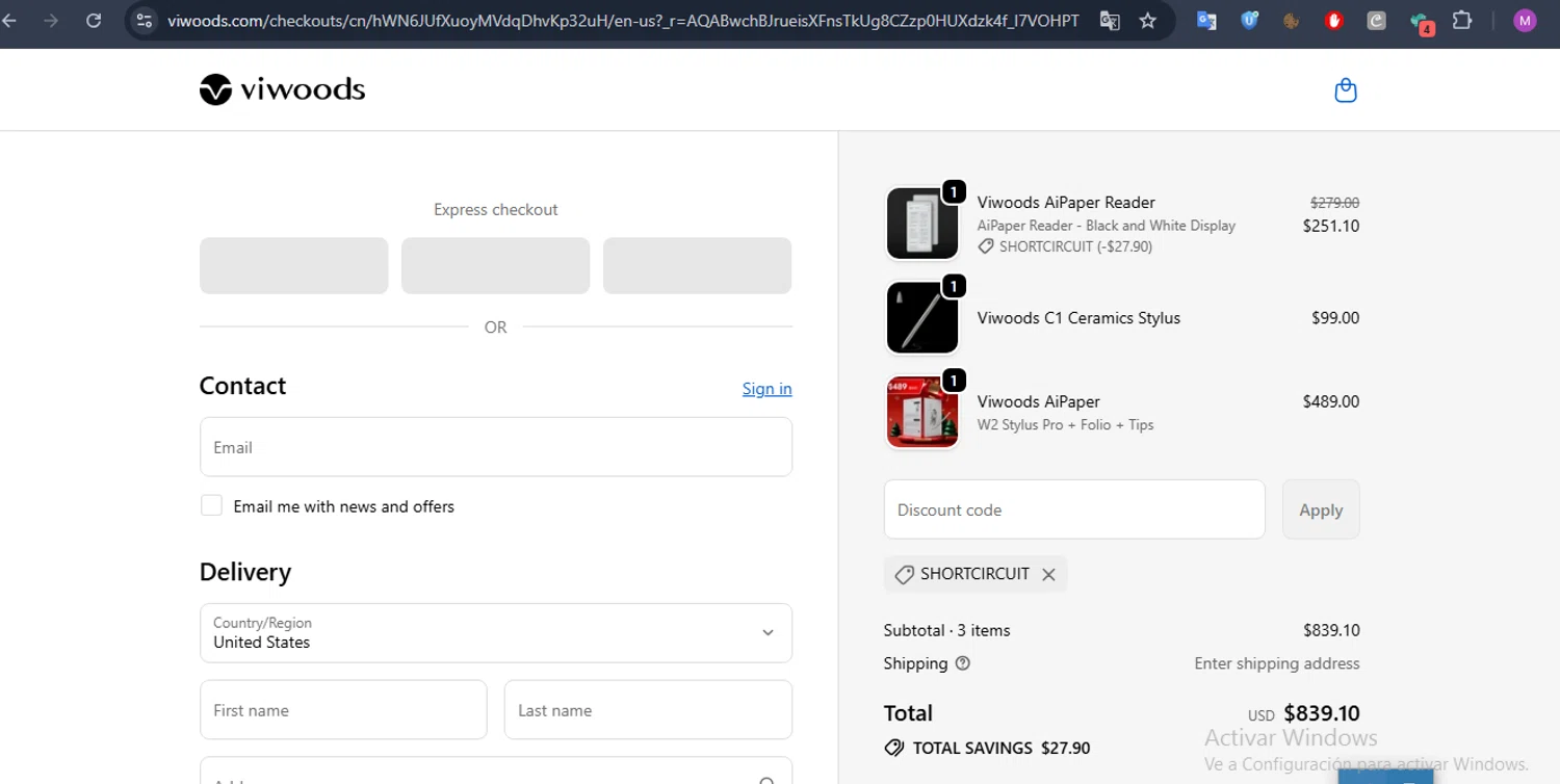 Viwoods discount code screenshot showing code ShortCircuit applied at Viwoods checkout page. Uploaded by SimplyCodes community member SmartFalcon9323 on Dec 21, 2025