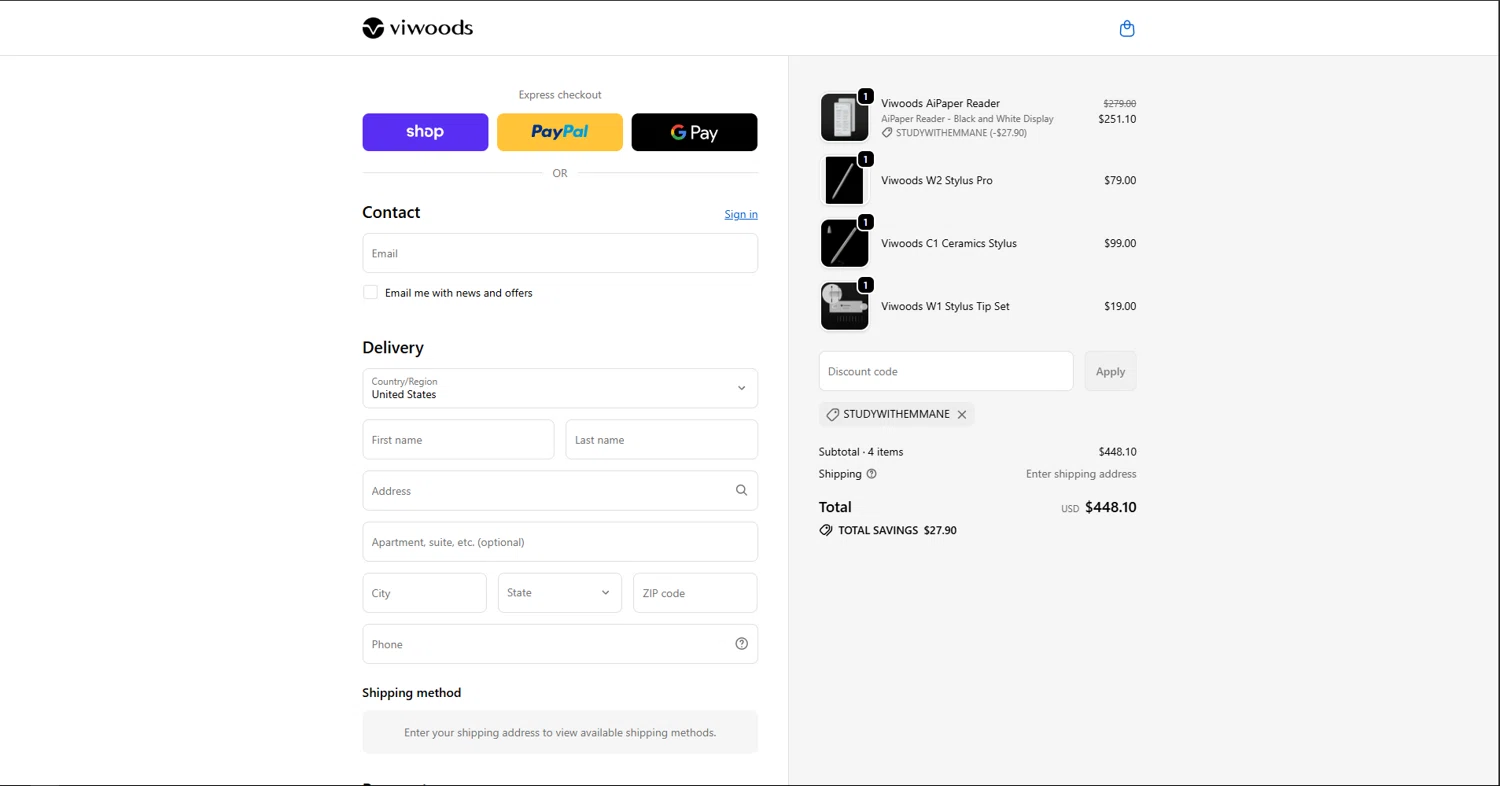 Viwoods discount code screenshot showing code STUDYWITHEMMANE applied at Viwoods checkout page. Uploaded by SimplyCodes community member vctr7w7x on Dec 12, 2025