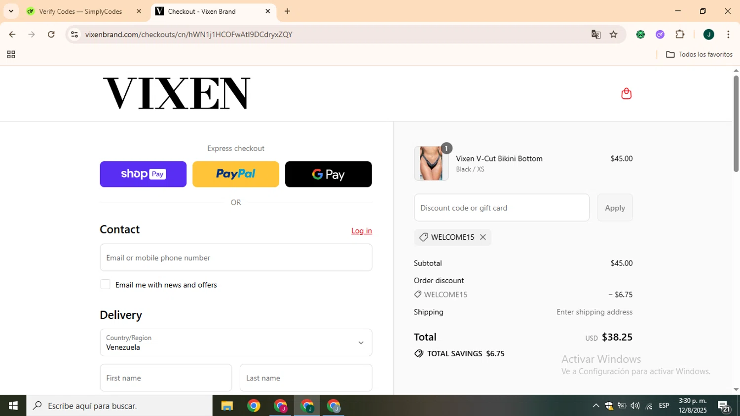 Vixen Brand promo code screenshot showing code WELCOME15 applied at Vixen Brand checkout page. Uploaded by SimplyCodes community member CrownOwl1879 on Aug 12, 2025