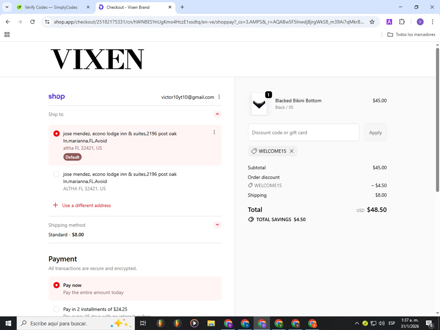Vixen Brand promo code screenshot showing code WELCOME15 applied at Vixen Brand checkout page. Uploaded by SimplyCodes community member Gianpiero on Jan 31, 2026