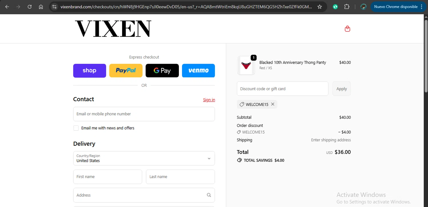Vixen Brand checkout page showing Vixen Brand promo code box | Screenshot taken by SimplyCodes community member on Feb 13, 2026
